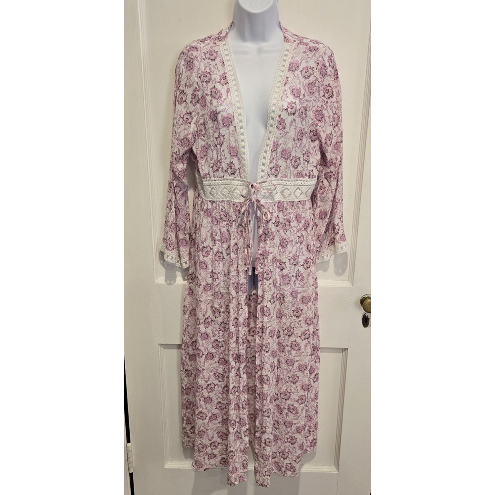 Rebellion Again Women's Long Sleeve Tie Front Lace Trim Kimono Maxi Robe L‎
